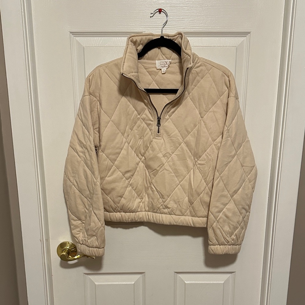 Cozie by Pink Rose Cream Quilted Half-Zip Pullover with pockets